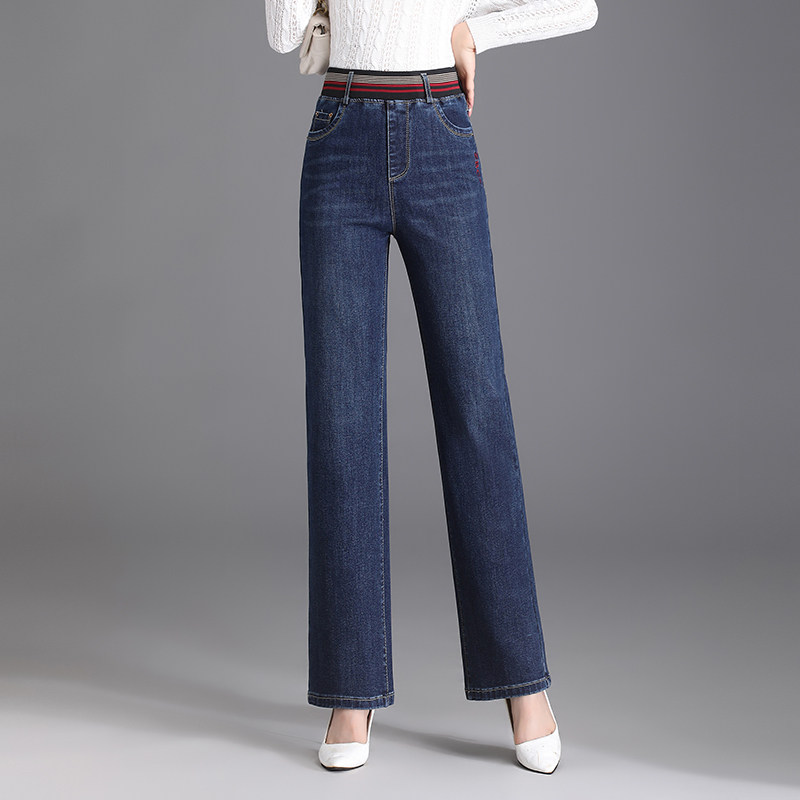 松紧腰直筒牛仔裤女春秋高腰大码显瘦中老年妈妈洋气减龄阔腿长裤