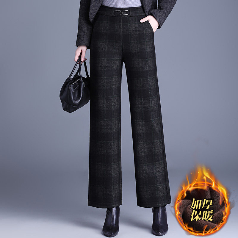 加绒毛呢格子阔腿裤女高腰显瘦垂感秋冬大码气质中年妈妈直筒裤子