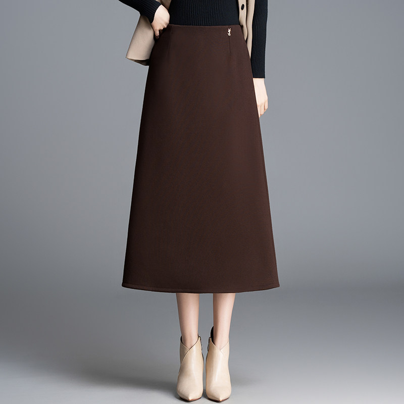 醋酸羊毛半身裙女秋冬季新款遮肚子显瘦百搭高腰韩式a字裙中长裙