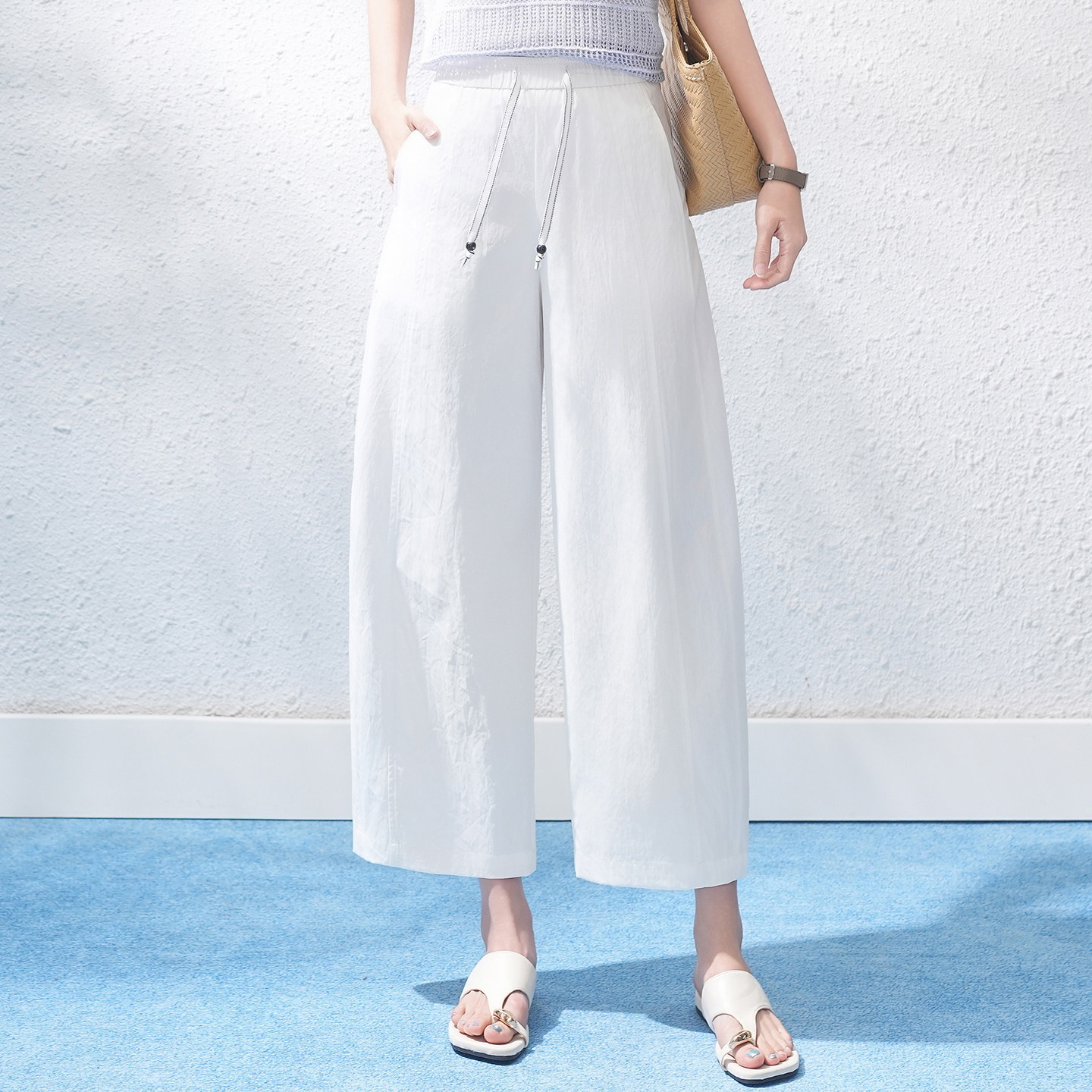 白色简约气球裤女休闲裤子夏季薄款高腰显瘦百搭小个子阔腿九分裤