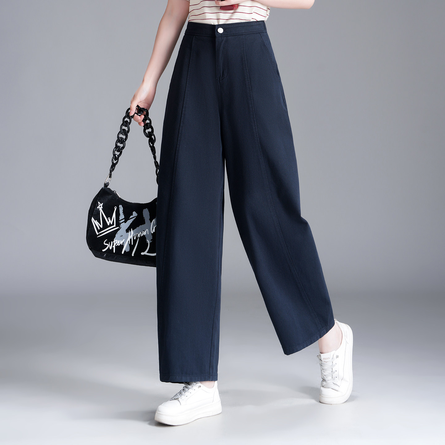 藏青色百搭休闲小个子弯刀裤女2026春夏季薄款高腰显瘦通勤九分裤