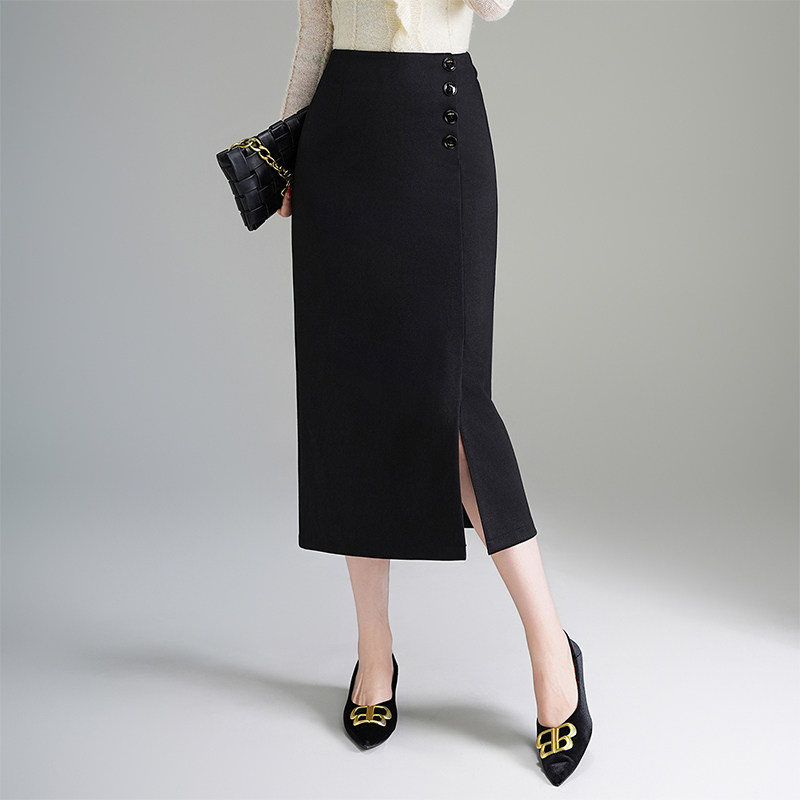 黑色不规则气质通勤时尚半身裙女中长款高腰包臀开叉一步裙秋新款