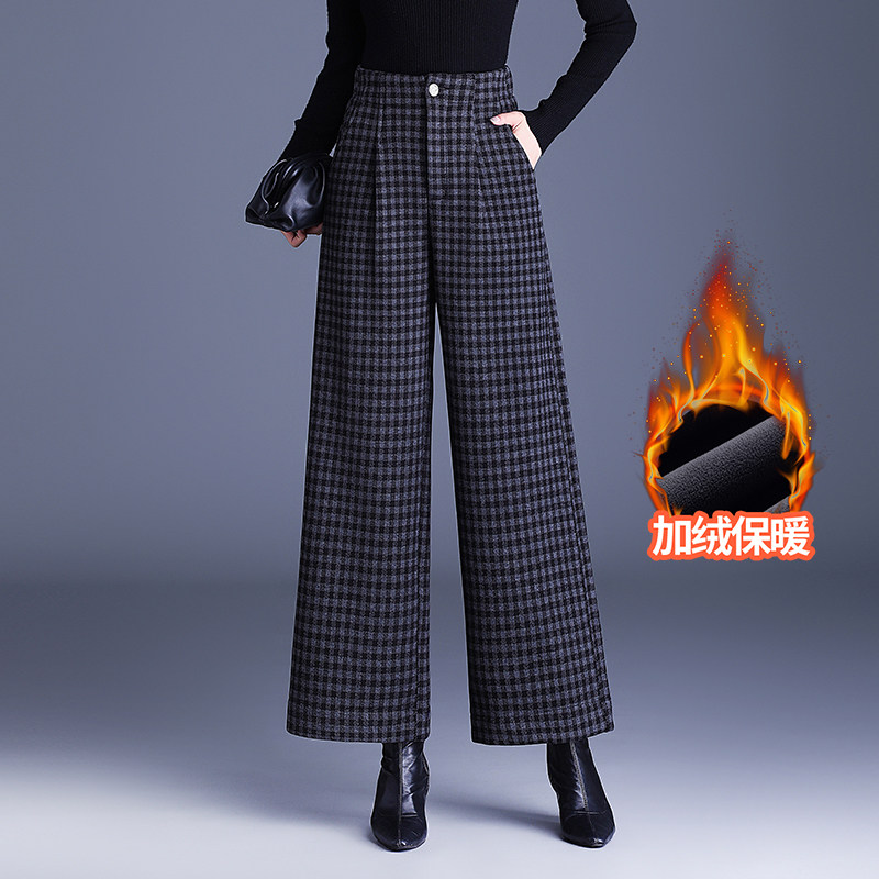 加绒高腰格子阔腿裤女时尚显瘦冬季中年女士休闲毛呢直筒裤九分裤