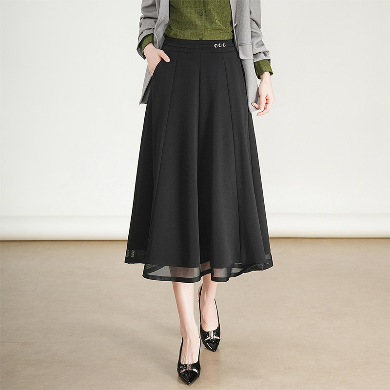 八片网纱边半身裙女秋季高腰显瘦遮肚子中长款宽松休闲a字大摆裙