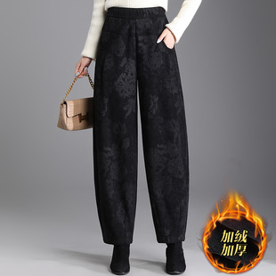 加绒毛呢花苞裤女冬款高腰阔腿提花九分羊毛灯笼裤冬季长裤休闲裤