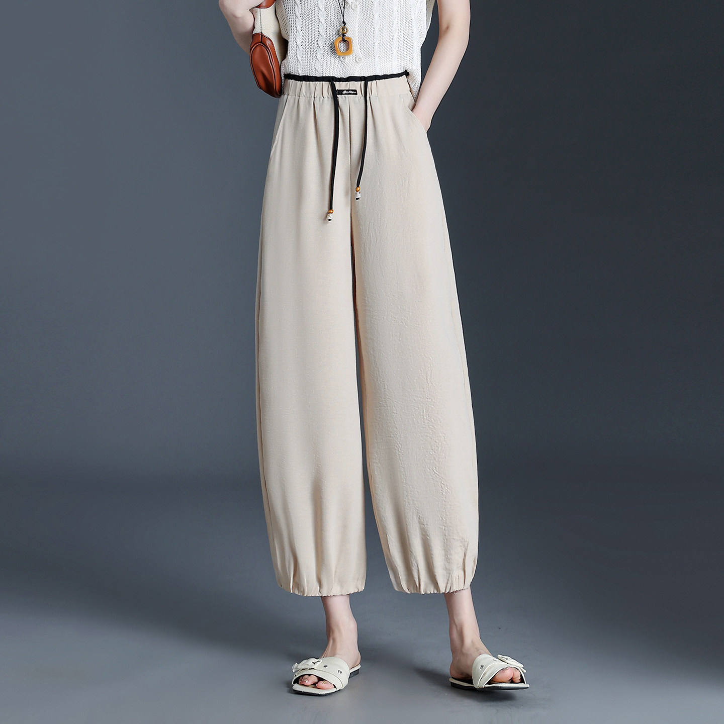 冰丝休闲裤八分裤2026春夏季薄款高腰显瘦小个子灯笼裤女裤哈伦裤