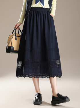 2025秋季新款刺绣蕾丝拼接中长款高腰a字裙藏蓝色半身裙子大摆裙