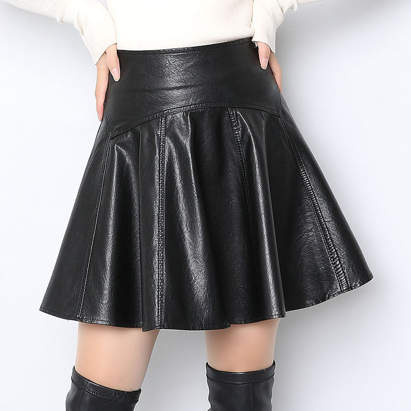黑色pu皮短裙女2025新款高腰半身裙秋冬a字伞裙显瘦百褶蓬蓬裙