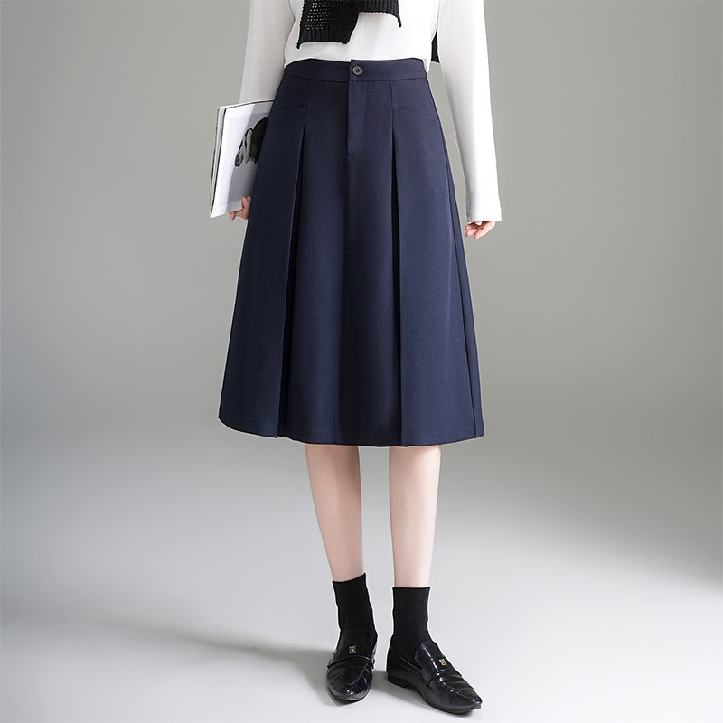 藏蓝色百褶裙女秋季2025新款学院风中长款a字半身裙春秋款西装裙