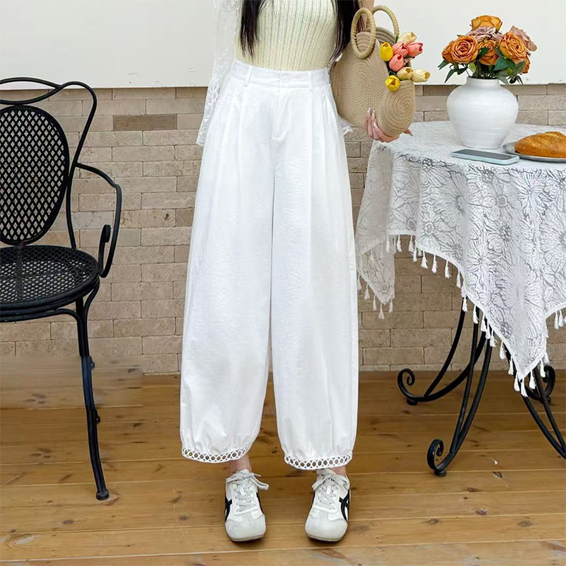 白色钩花阔腿灯笼裤女2026春夏季高腰宽松小个子休闲九分裤直筒裤