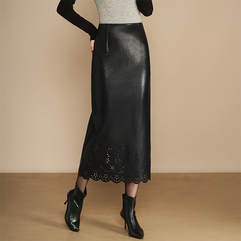 高级感镂空时尚皮裙半身裙女秋冬季新款加厚pu皮中长款包臀直筒裙