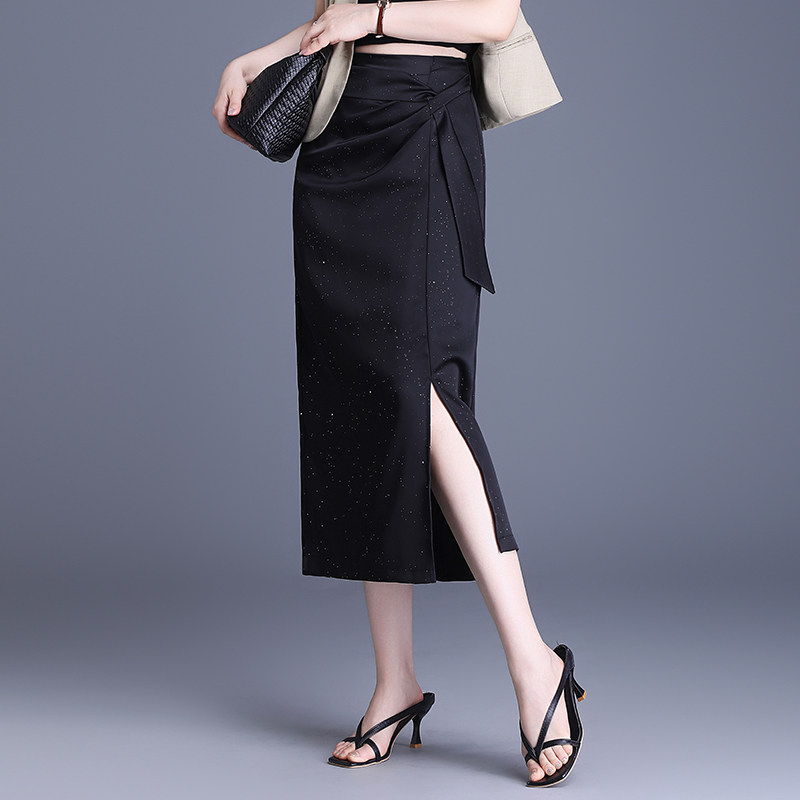 黑色褶皱半身裙女中长款开叉裙子收腰遮肚包臀裙春夏新款亮片裙