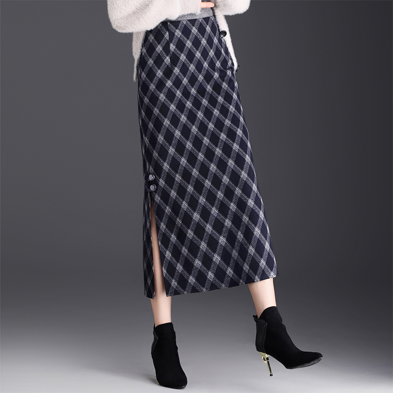 毛呢新中式旗袍格子半身裙女秋冬2025新款复古开叉长款一步包臀裙