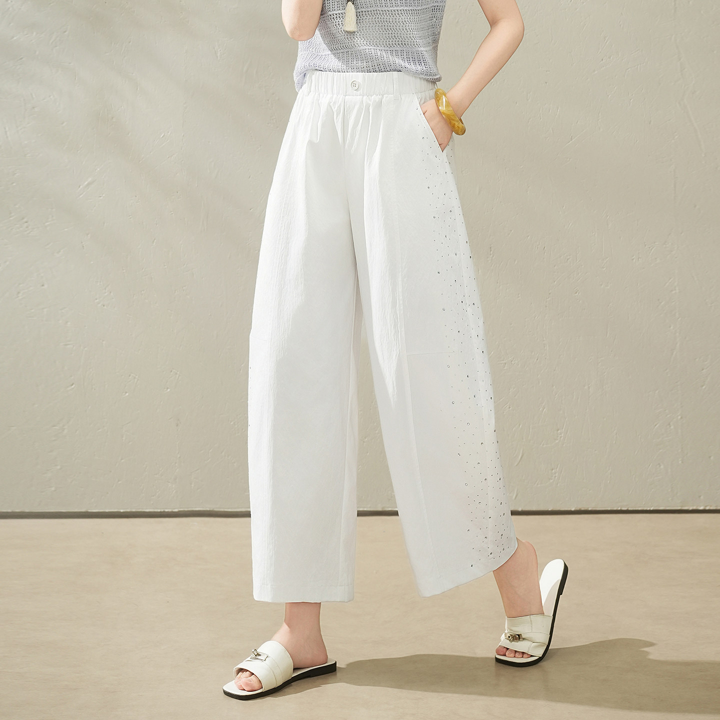 白色九分烫钻阔腿弯刀裤女薄款春夏高腰显瘦百搭宽松小个子休闲裤