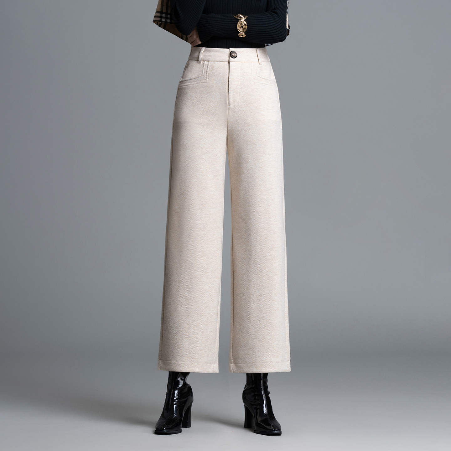 毛呢窄版阔腿裤女秋冬季加厚小个子人字纹直筒裤休闲裤宽松九分裤