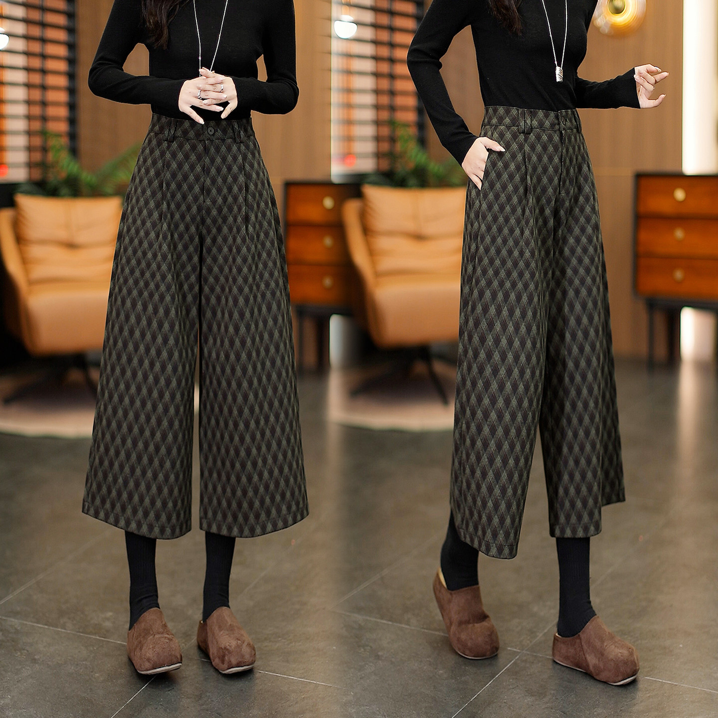 绵羊毛格子休闲阔腿裤女2025秋冬季新款高腰显瘦小个子八分裤裙裤