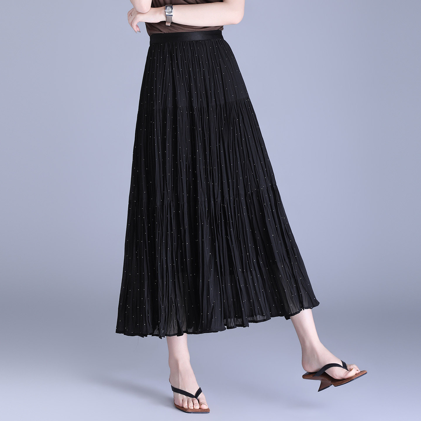 黑色雪纺烫钻a字半身裙女春夏季新满天星高腰中长款百褶裙大摆裙
