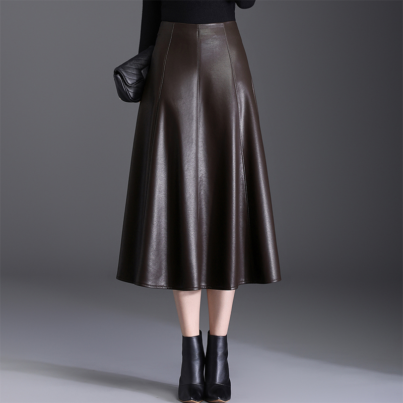 2025秋冬半身裙女PU皮中长款过膝大摆a字裙厚款高腰皮裙高档冬季
