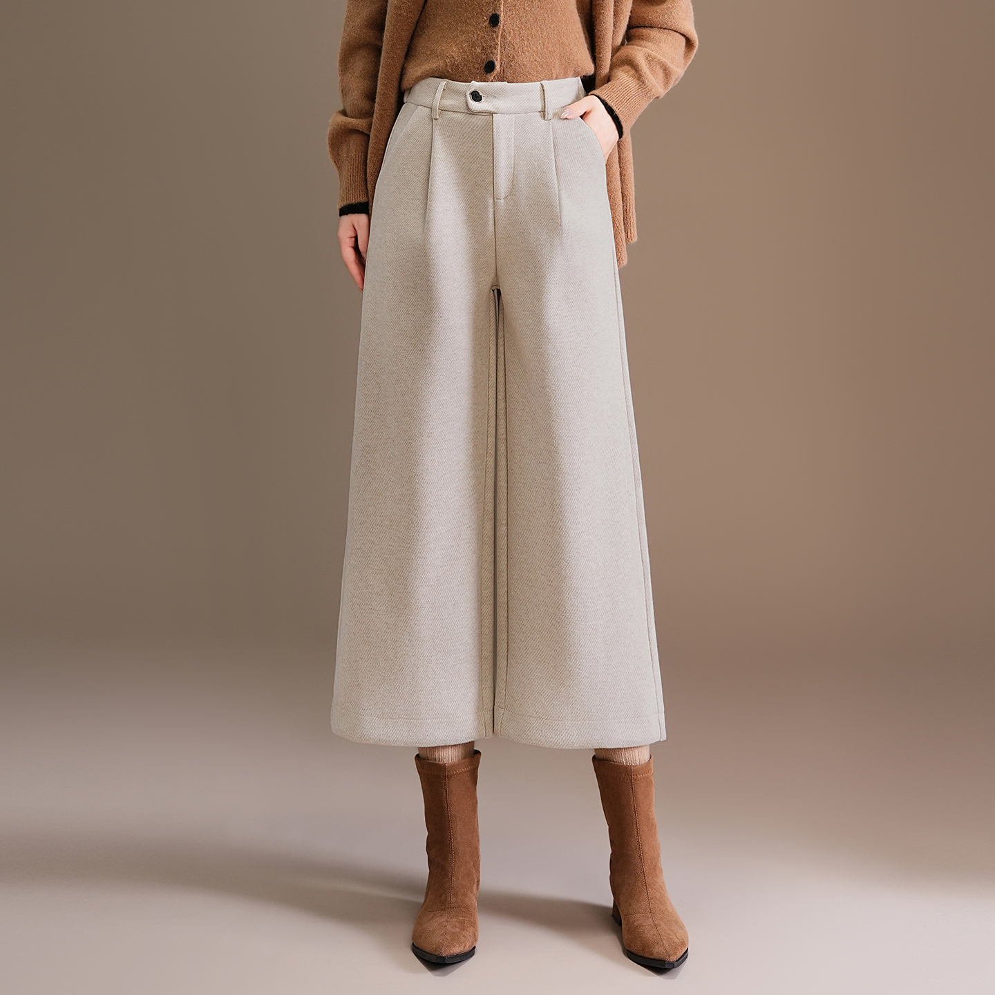 坠感醋酸羊毛呢七分裤女2025冬季新款加厚高腰显瘦通勤直筒阔腿裤