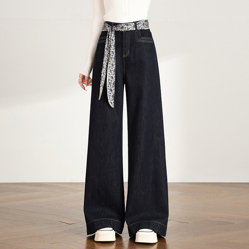 高级感阔腿拖地丝巾牛仔裤女高腰显瘦秋季新款垂感气质长裤直筒裤