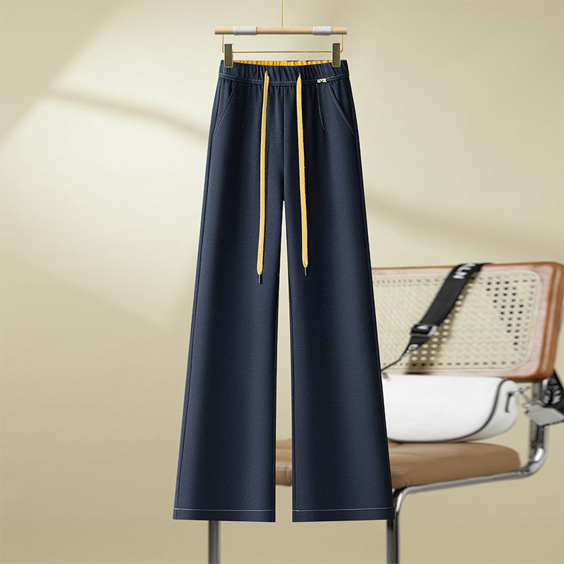 仿牛仔休闲阔腿裤女2025秋季新款蓝色抽绳松紧腰垂感宽松直筒裤子