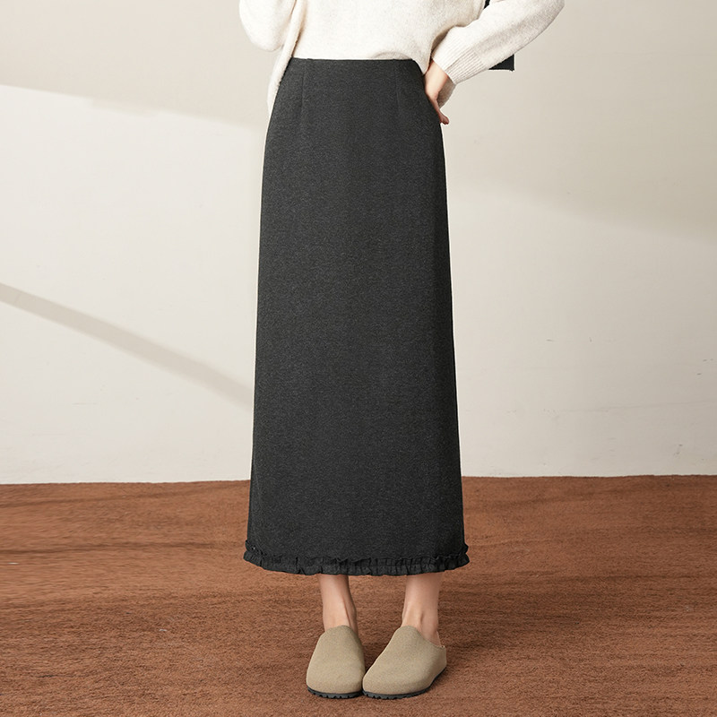 毛呢花边直筒裙小个子半身裙女2025秋冬季新款百搭时尚长裙包臀裙