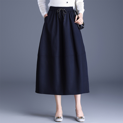 藏蓝色抽绳中长款半身裙女2025秋季新款花苞裙高腰显瘦遮胯a字裙