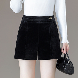 水貂绒短裤女加厚秋冬大码外穿松紧高腰显瘦黑色百搭平绒阔腿靴裤