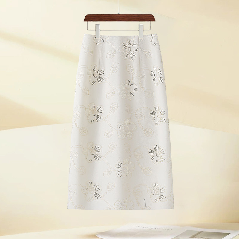 白色亮片刺绣蕾丝半身裙女2026春季新款气质修身中长款包臀直筒裙
