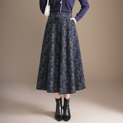 民族风花色半身裙女秋冬季新款复古气质中长款大摆毛呢显瘦a字裙