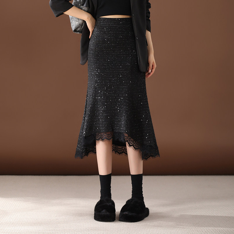 不规则小香风亮丝鱼尾裙黑色半身裙女中长款2025年秋季新款包臀裙