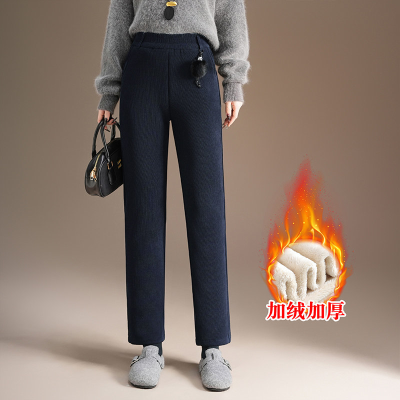 加绒休闲小脚裤女冬季松紧高腰显瘦小个子直筒烟管裤保暖条绒棉裤