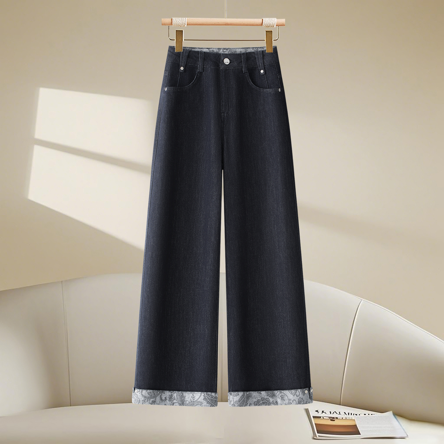 牛仔裤小个子女2025秋季新款阔腿裤宽松垂感腰果花翻边直筒休闲裤