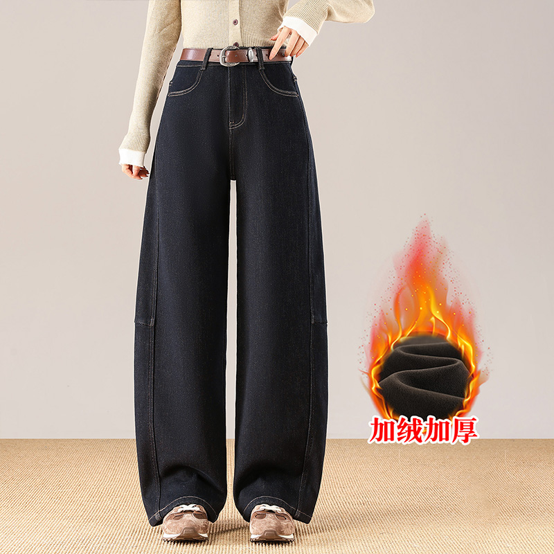 加绒美式复古弯刀牛仔裤女秋冬宽松时尚设计感高腰显瘦裤子阔腿裤