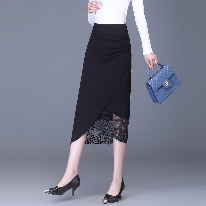 针织蕾丝包臀半身裙女开叉2025春季新款设计感不规则小黑裙中长款