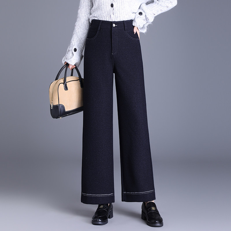 深蓝色仿牛仔毛呢阔腿裤女2025秋冬新款加厚显瘦垂感小个子直筒裤