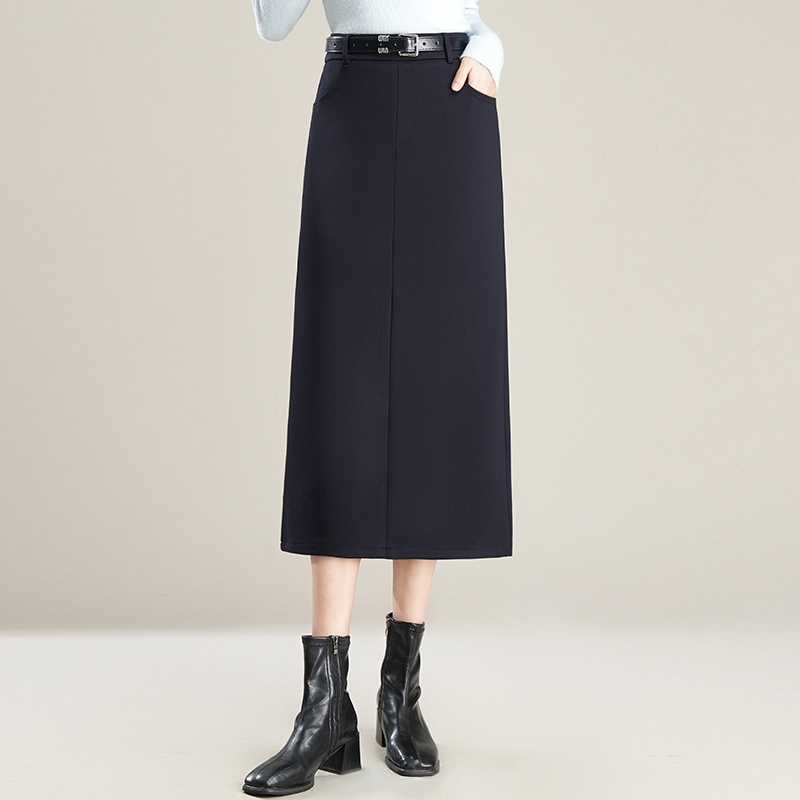 藏蓝色加厚直筒西装半身裙女2025秋冬季新款高腰显瘦中长款包臀裙