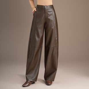 加厚高腰休闲梨形身材阔腿香蕉裤 PU皮裤 新款 女2025年秋冬季 弯刀裤