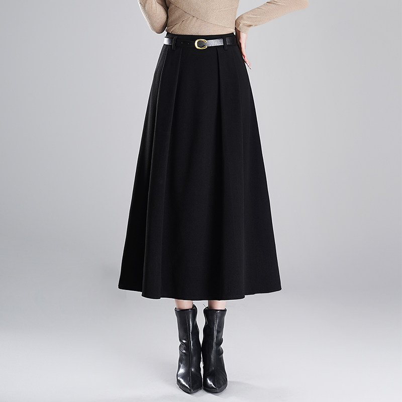 秋冬黑色毛呢垂坠感高腰半身裙女宽松a字显瘦百褶大摆半身长裙子