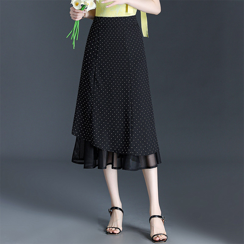 小个子高腰波点半身裙女夏季薄款时尚网纱边中长款裙子垂感a字裙