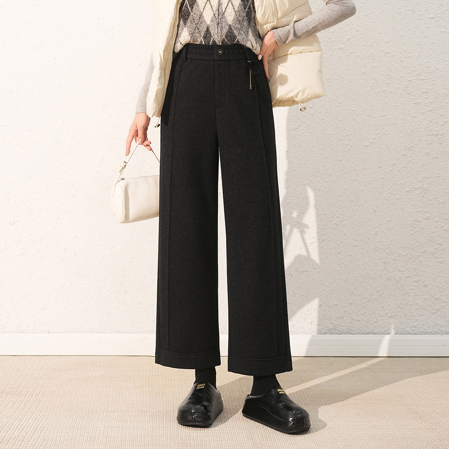 黑色羊毛直筒裤女秋冬新款高腰通勤百搭毛呢窄版阔腿小个子九分裤,女装/女士精品,休闲裤,淘宝优惠券,粉丝福利购,淘宝优惠卷