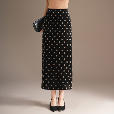 复古金丝绒别致波点秋冬季半身裙女松紧高腰包臀显瘦直筒裙子长裙