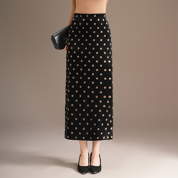 复古金丝绒别致波点秋冬季 半身裙女松紧高腰包臀显瘦直筒裙子长裙