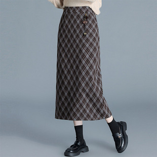 毛呢格子包臀裙复古半身裙女秋冬2025年新款百搭冬季中长款直筒裙