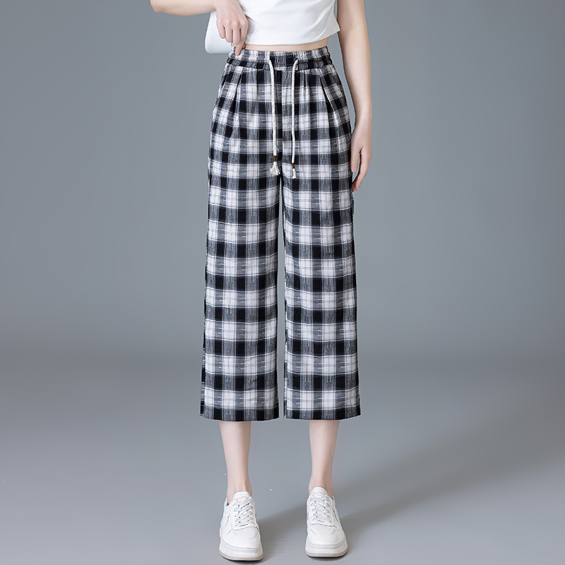 冰丝格子裤女夏季薄款2025新款百搭宽松垂感直筒八分裤休闲阔腿裤