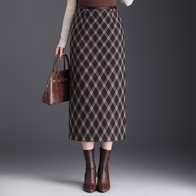 毛呢格子直筒裙半身裙女2025秋冬季开叉中长款高腰显瘦包臀一步裙