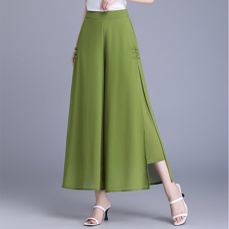 雪纺裤裙阔腿裤女2026春夏季新款高腰显瘦垂感宽松开叉绿色九分裤