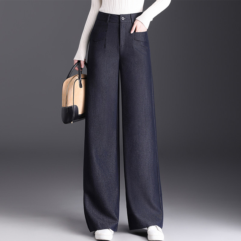 蓝色牛仔阔腿裤2025秋季新款高腰垂感宽松直筒裤子长裤女士休闲裤