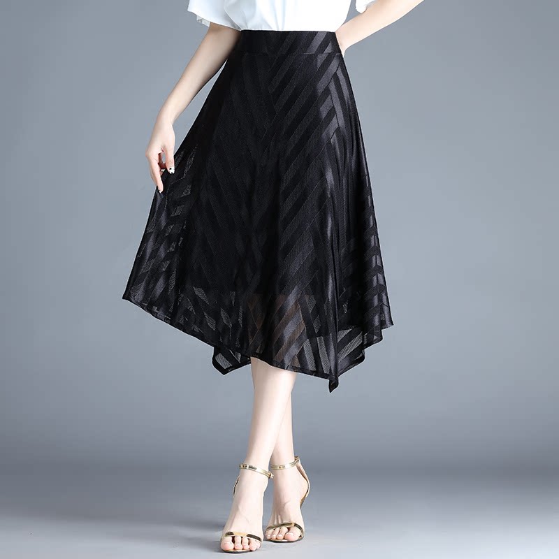 黑色网纱半身裙女夏2025新款不规则a字显瘦条纹高腰中长款大摆裙