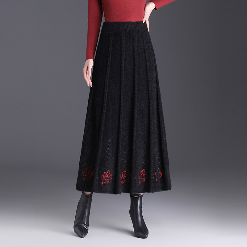 烫钻水貂绒半身裙女秋冬高腰百褶大摆针织裙显瘦大码A字长裙冬裙